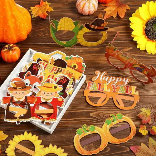 Miniatura 4 de 32 lentes de papel para decoración de fiesta de otoño, Acción de Gracias, accesorios para cabina de fotos, calabaza, hoja de arce, suministros