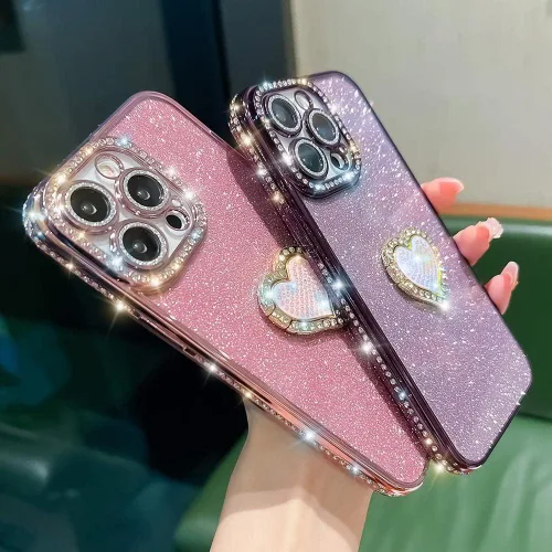 Miniatura 4 de Bonita funda compatible con iPhone 13 Pro de 6.1 pulgadas, diamantes brillantes + fundas de tarjetas con purpurina con soporte de corazón de amor