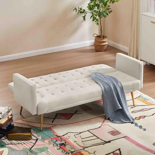 Miniatura 7 de Sofá cama futón moderno de terciopelo de 70 pulgadas, sofá cama convertible con patas y reposabrazos de metal, sofá biplaza tapizado plegable
