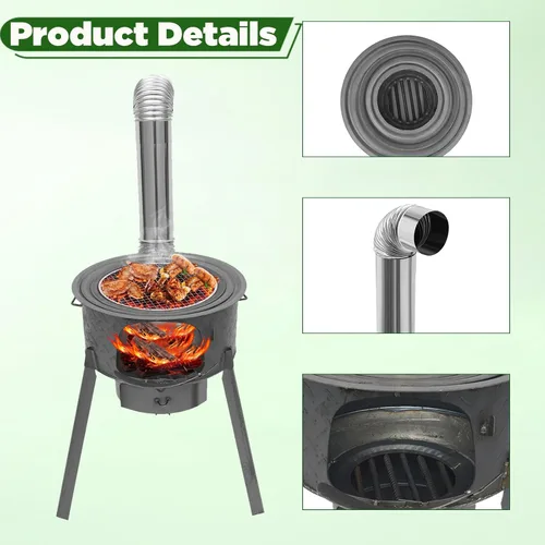 Miniatura 6 de Estufa de cohete portátil de leña con tubo de chimenea, estufa de camping de acero resistente con parrilla para calefacción de tienda de campaña