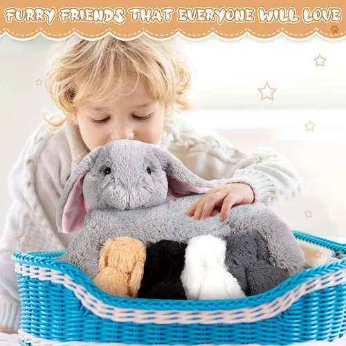 Miniatura 6 de HyDren 5 piezas de conejo de peluche con bebés, conejito de peluche de 15 pulgadas con 4 conejos en su vientre, juguetes de peluche suaves
