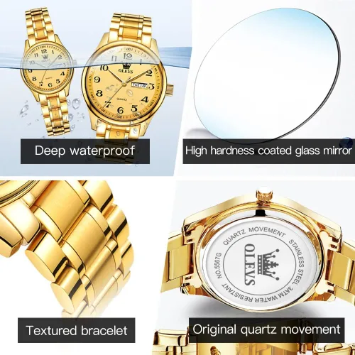 Miniatura 27 de OLEVS Juego de 2 relojes de cuarzo para parejas de San Valentín, calendario luminoso, ventana de fecha, 3 ATM, impermeable, casual, acero
