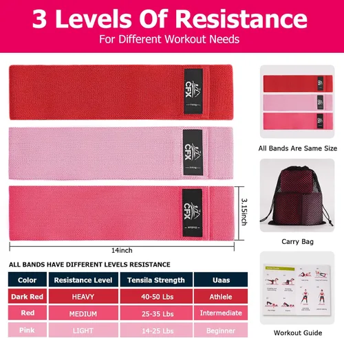 Miniatura 4 de CFX Resistance Bands Set, Exercise Bands with Non-Slip Design for HIPS & Glutes, 3 Levels Workout Bands for Women and Men, Booty Bands for Home rojo