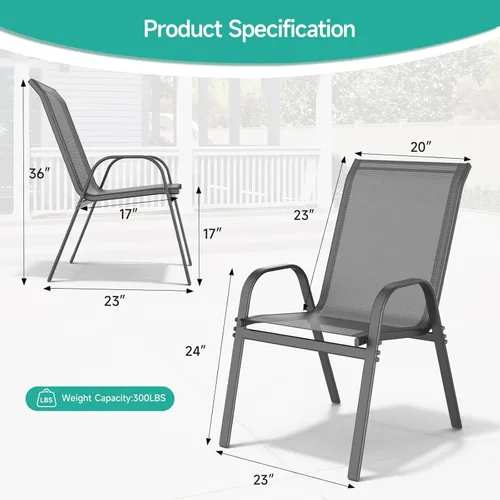 Miniatura 3 de Juego de 2 sillas de patio, sillas de comedor exterior apilables de fácil montaje con respaldo alto y asiento ancho, sillas exteriores transpirables