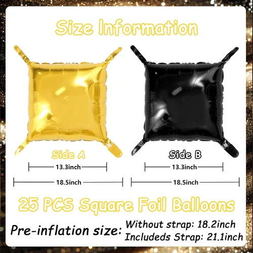 Miniatura 2 de MEMOVAN Globos cuadrados de papel de aluminio negro y dorado, telón de fondo de pared de doble cara, globos metálicos negros y dorados, guirnalda