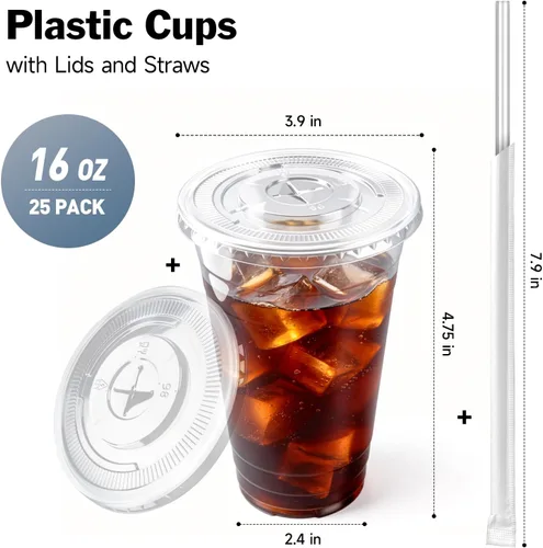Miniatura 2 de Paquete de 100 vasos de 16 onzas con tapas y pajitas, vasos de plástico desechables con tapas, sin BPA, perfectos para café helado, frappes, batidos