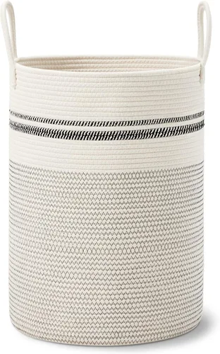 Miniatura 8 de VIPOSCO Cesta de lavandería grande, cesta de almacenamiento de cuerda tejida alta para mantas, juguetes, ropa sucia en la sala de estar, baño, Rayas