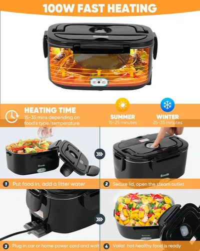 Miniatura 7 de Eocolz Fiambrera eléctrica calentador de alimentos de 80-100 W, calentador de alimentos con doble contenedor, 1.5L, lonchera portátil calentada