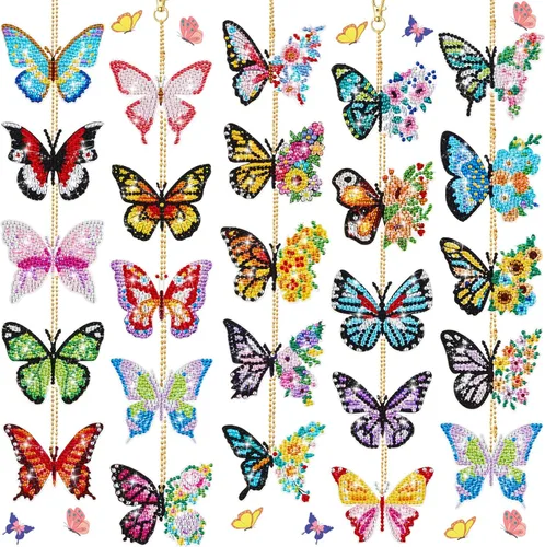 Henoyso Juego de 24 llaveros de pintura de diamantes de mariposa para adultos, kit de manualidades 5D de doble cara, kit de taladro, pintura de