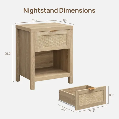 Miniatura 3 de SICOTAS Juego de 2 mesitas de noche de ratán, mesita de noche de granja con cajón y estante de almacenamiento, mesa auxiliar bohemia para Roble