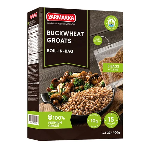 Yarmarka Granos de trigo sarraceno hervido en bolsa, 5 x 80 g (14.1 oz) Kasha de grano entero descascarado, natural y puro, trigo sarraceno tostado