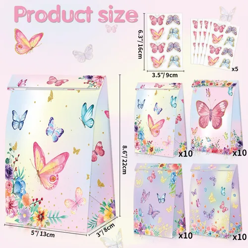 Miniatura 2 de XJLANTTE Paquete de regalo de fiesta de mariposas, 40 bolsas de regalo con calcomanías, bolsas de papel de colores para fiestas de cumpleaños