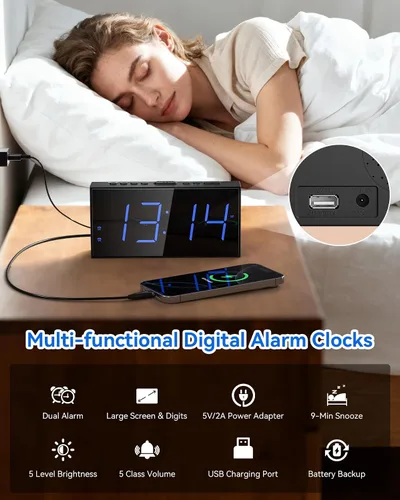 Miniatura 2 de Reloj despertador digital, reloj de alarma dual ruidoso para dormitorio, pantalla grande electrónica de 7.5 pulgadas con atenuador, cargador USB