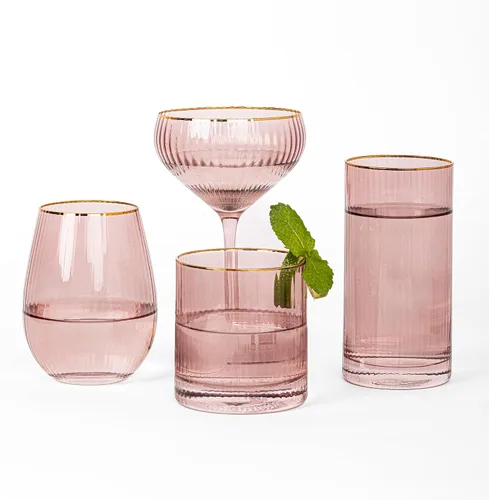 Miniatura 2 de Mary Square 47881 Gold Rim - Taza de bebida de cóctel para vino de champán con tallo de vidrio acanalado duradero de 5 onzas, accesorio para carrito