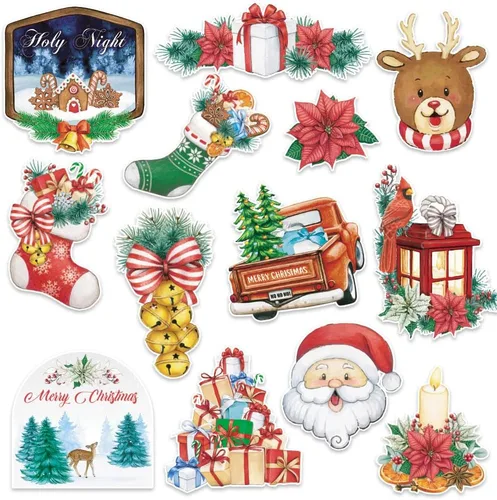 Miniatura 9 de Hying Juego de 48 tablones de anuncios de árbol de Navidad, Papá Noel, decoración de muñeco de nieve, recortes de papel de cartulina