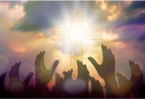 Miniatura 4 de Telón de fondo de fotografía de cruz de luz santa de Jesús, cielo azul, nubes blancas, mano de Dios, haz de luz sagrada, fondo de Jesús cristiano