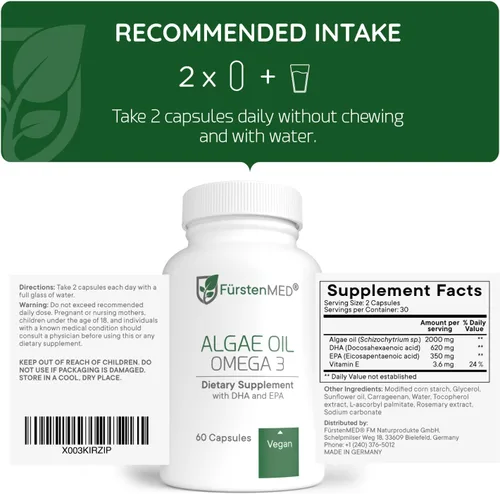 Miniatura 6 de FürstenMED Aceite de algas Vegano Omega 3 – Apoyo a la salud del corazón, cerebro y articulaciones – 2000 mg de aceite de algas de los cuales 700 mg