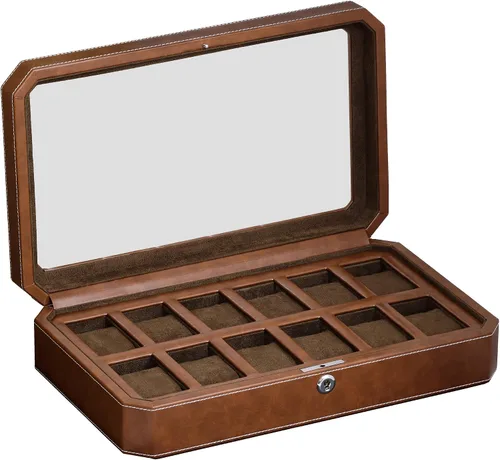 Miniatura 8 de ROTHWELL Caja de reloj de cuero con 12 ranuras, organizador de lujo para relojes, forro de microgamuza, soporte para relojes de joyería para hombre