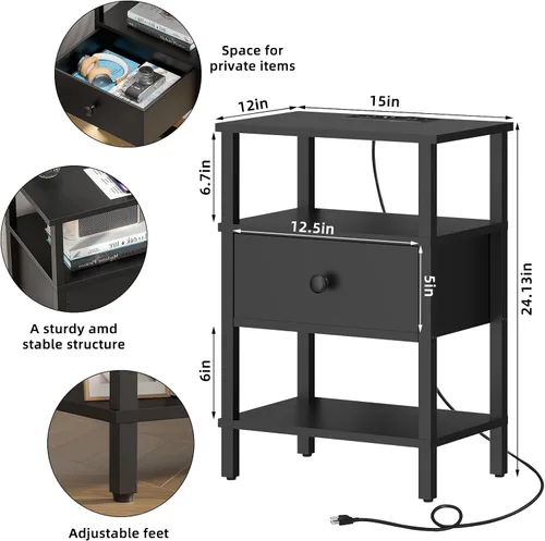 Miniatura 3 de Lerliuo Mesita de noche con estación de carga y puertos USB, mesa auxiliar de almacenamiento de 3 niveles con cajón y estante, mesita de noche