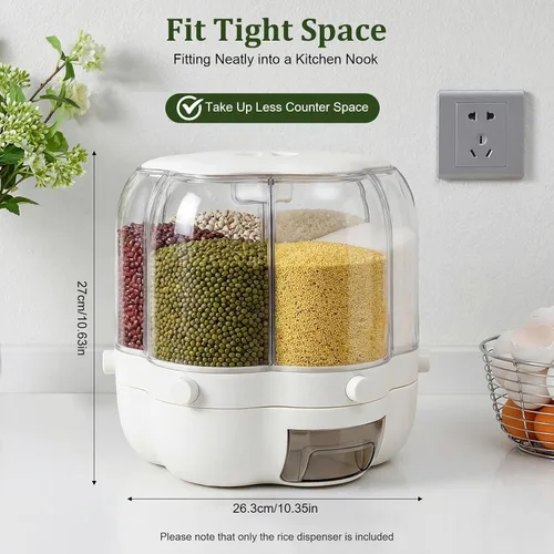 Miniatura 4 de Dispensador de arroz, dispensador de cereales giratorio de 6 rejillas de 360° con tapa, organizador de almacenamiento de granos, soporte