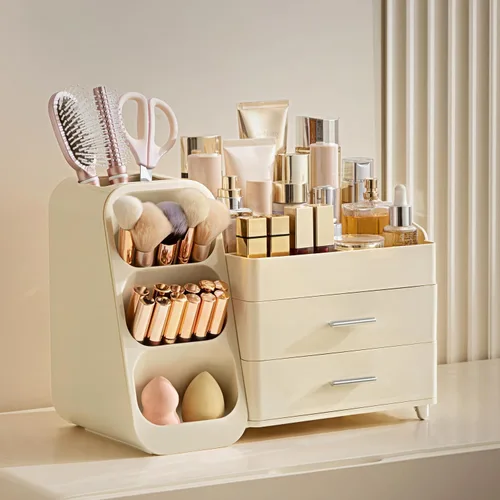 Miniatura 5 de HBlife Organizador de maquillaje con soporte para brochas para tocador, organizador grande de plástico para tocador de baño, almacenamiento