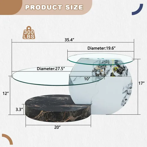 Miniatura 2 de Mesa de café de 35" de vidrio ｜ Mesa de café redonda ｜ Diseño de 3 niveles con superficie de vidrio templado ｜ Base de madera en color negro