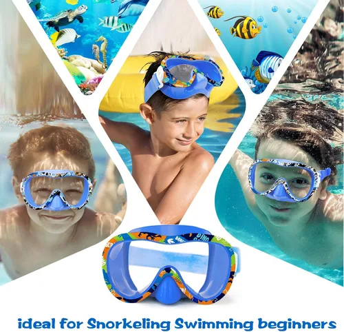 Miniatura 8 de Gafas de natación para niños con cubierta para la nariz, máscara de esnórquel panorámica de 180° con diseño antivaho y antifugas, correa de tela