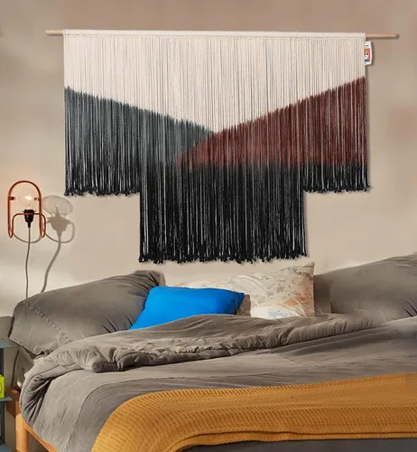 Miniatura 5 de Flber Tapiz de macramé para colgar en la pared, diseño geométrico de teñido anudado negro, decoración de pared bohemia para el hogar, 59 pulgadas