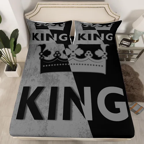 Sábana bajera ajustable King Crown vintage negro y gris, sábanas románticas para el día de San Valentín, tamaño individual para mujeres, regalos