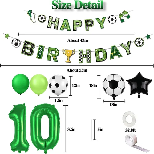 Miniatura 3 de Decoraciones de fiesta de cumpleaños número 10 para niños, decoraciones de fiesta de cumpleaños de fútbol, pancarta de feliz cumpleaños, suministros