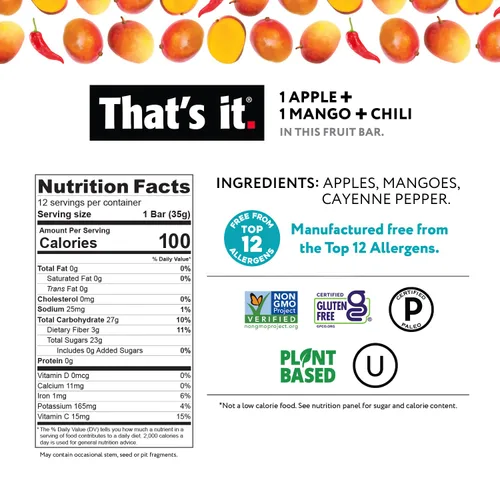 Miniatura 2 de That's it. Manzana+Mango+Chili 100% Natural Gran Sabor Barra de Fruta Seca Real, Vegana, Sin Gluten, Paleo, Kosher, Sin OMG, Sin Conservantes, Sin