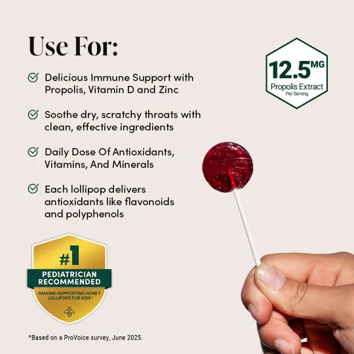 Miniatura 3 de Paletas para el dolor de garganta para niños de Beekeeper's Naturals - Apoyo inmunológico formulado por médicos, vitamina D y miel, menos de 2g