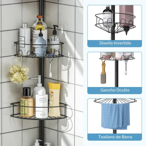 Miniatura 2 de Poste de tensión de esquina para ducha, estantes organizadores de baño ajustables de 4 niveles, almacenamiento interior de ducha con gancho oculto