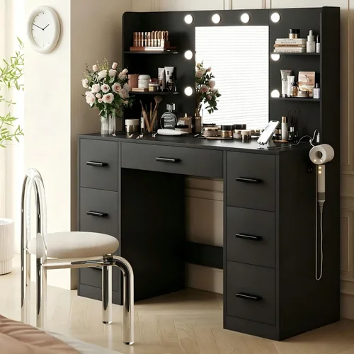 YESHOMY Escritorio de tocador con espejo, toma de corriente y 10 luces, mesa de maquillaje con 7 cajones, 3 modos de color disponibles para