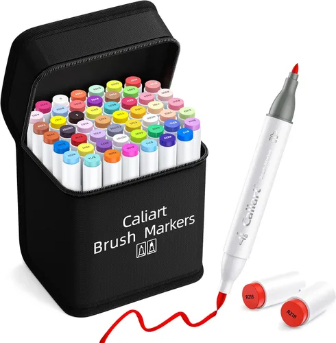 Caliart Marcadores de Alcohol con Punta de Pincel, Juego de 51 Colores de Doble Punta para Colorear de Artistas, Marcadores Permanentes de Alcohol