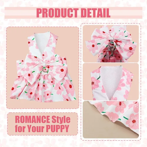 Miniatura 3 de Set de Vestido con Moño y Arnés con Correa para Perros Pequeños para Niñas, Ropa para Perros y Gatos Rosa Floral, Lindas Ropas para Cachorros, Ropa