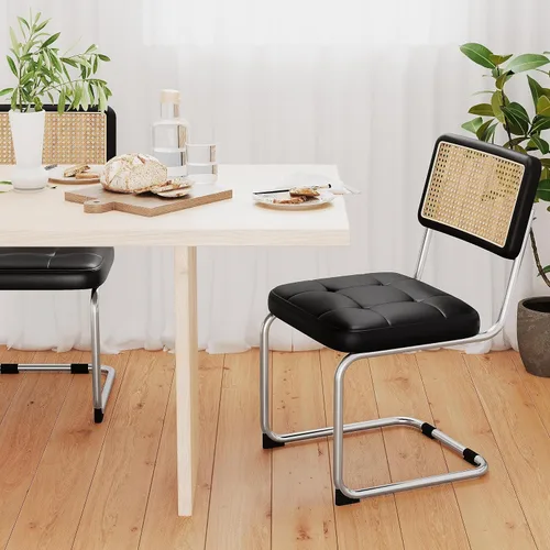 Miniatura 9 de Juego de 2 sillas de comedor de ratán modernas de mediados de siglo con respaldo tejido de ratán natural y asiento, sillas laterales tapizadas sin