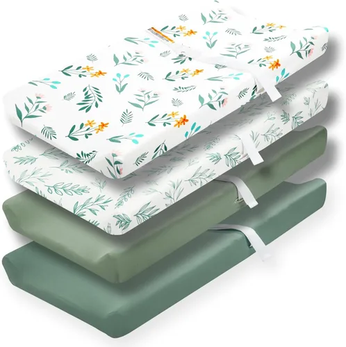 Miniatura 9 de Paquete de 4 sábanas bajeras de color verde salvia, transpirables, neutrales, unisex, para niños o niñas, con diseño de hojas y flores, sábana
