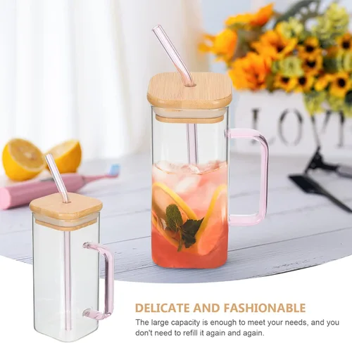 Miniatura 5 de Luxshiny Vaso de vidrio transparente con asa y tapa, vaso de bebida de 5.31 pulgadas para jugo de leche, agua, café helado, vaso para el hogar
