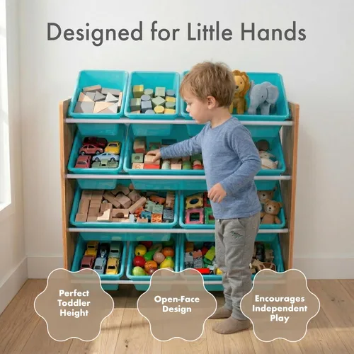 Miniatura 3 de Humble Crew Organizador de almacenamiento de juguetes para niños con 12 cubos de plástico, madera natural/aguamarina, contenedores extraíbles