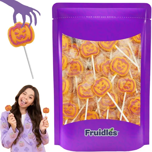 Fruidles Caramelos de paletas de tatuaje de calabaza naranja, ideal para rellenos de bolsas de fiesta, envueltos individualmente (media libra)