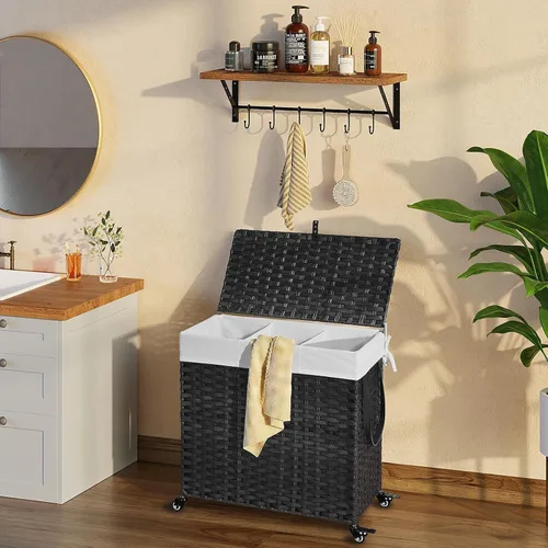 Miniatura 51 de GREENSTELL Cesta para ropa sucia con ruedas y tapa, 130 L, cesta grande de 3 secciones con 2 tipos de bolsas de forro extraíbles, 5 bolsas de malla