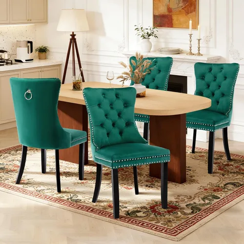Miniatura 94 de Juego de 4 sillas de comedor de terciopelo, sillas de comedor tapizadas con ribete de cabeza de clavo y patas de madera maciza para cocina
