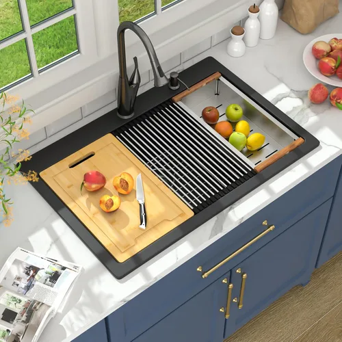 Miniatura 16 de Lordear Fregadero de Bar Empotrado de Granito Compuesto de 18 Pulgadas 18"x18" Fregaderos de Cocina de Cuarzo Compuesto Negro de Un Solo Tazón Bajo