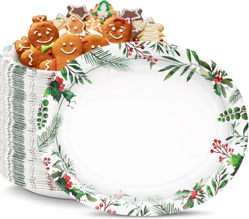 50 platos ovalados de Navidad, platos de papel resistentes de 12 x 10 pulgadas con hojas de acebo, bayas rojas para Navidad, vacaciones, boda,