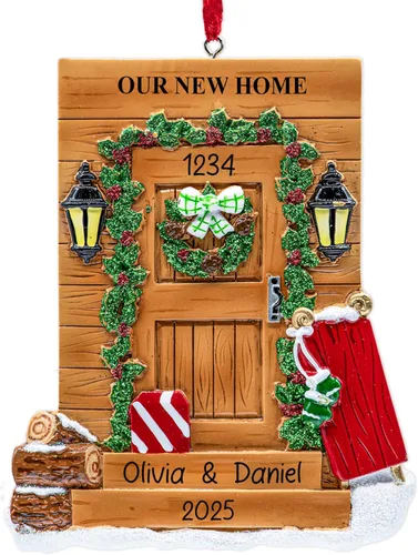Miniatura 7 de Adorno de Navidad personalizado para el nuevo hogar 2026 Puerta negra con cinta de purpurina recuerdo único para el árbol de Navidad – Primer año