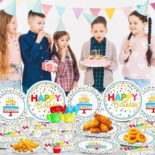 Miniatura 5 de Juego de 140 piezas de suministros para fiesta de cumpleaños con diseño colorido de lunares, incluye platos desechables de cumpleaños y servilletas