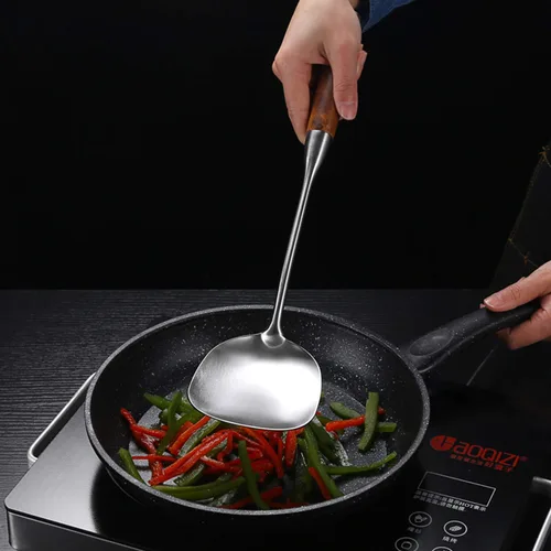 Miniatura 3 de Espátula china profesional para wok, utensilios de wok de acero inoxidable 18/10 de 15.7 pulgadas con mango de madera resistente al calor para freír