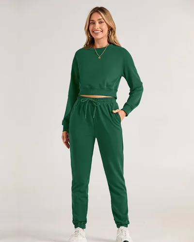 Miniatura 32 de BTFBM Conjunto deportivo de 2 piezas para mujer, camiseta corta de manga larga, sin botones, pantalón con cordón ajustable, pantalones deportivos