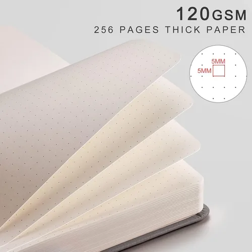 Miniatura 3 de EMSHOI Cuaderno de puntos - 256 páginas A5 con cuadrícula de puntos, papel punteado grueso de 120gsm, 16 páginas perforadas, tapa dura de piel Gris
